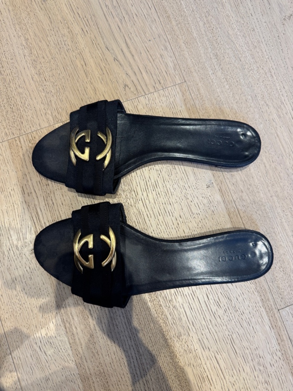 Vintage Gucci Black Leather Slide Mules with Gold Double G Hardware
